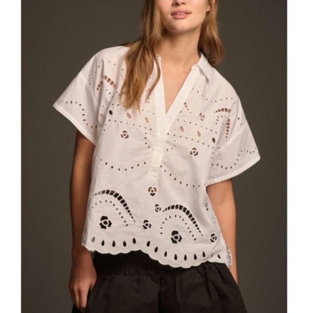 Maeve by Anthropologie Short-Sleeve‎ Boxy Eyelet Popover Blouse Size: XS